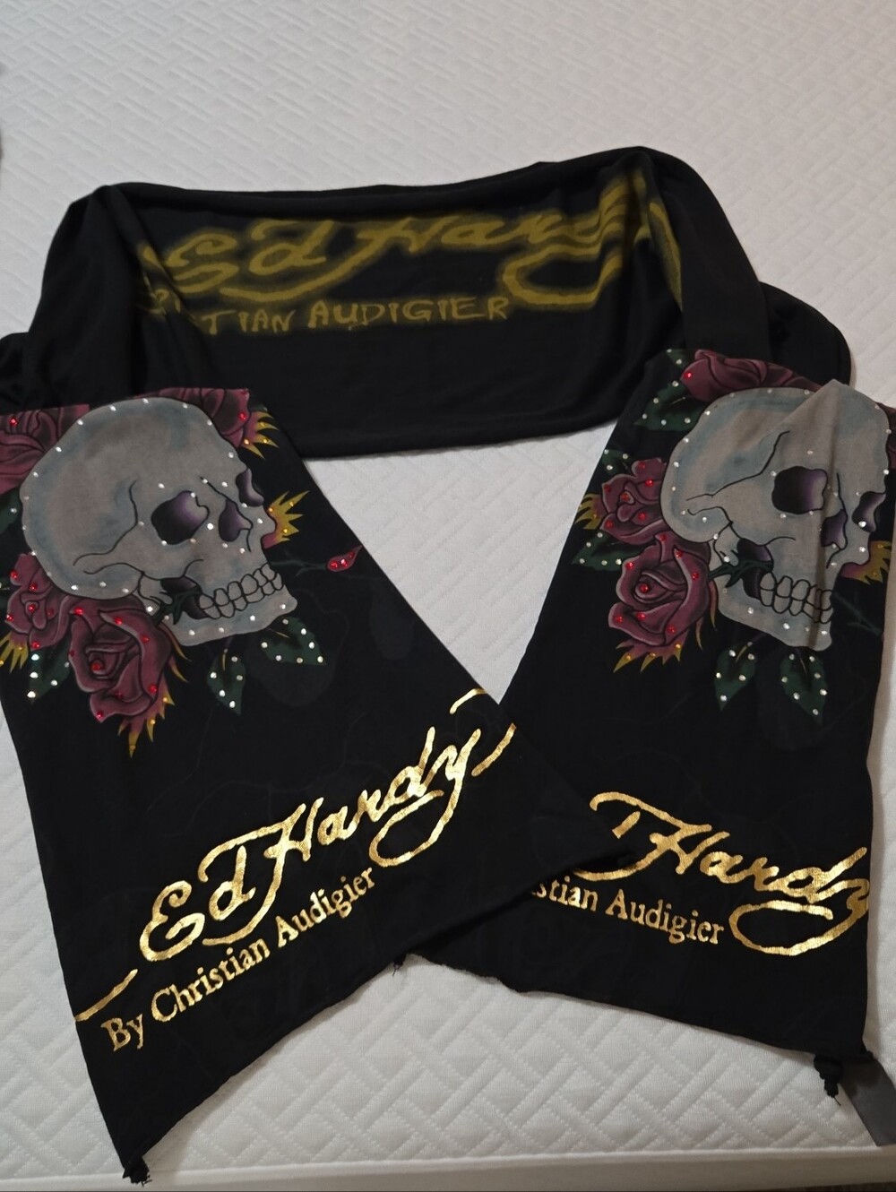 Vintage Ed Hardy Black Scarf with Skull, Red Roses and Gold Script